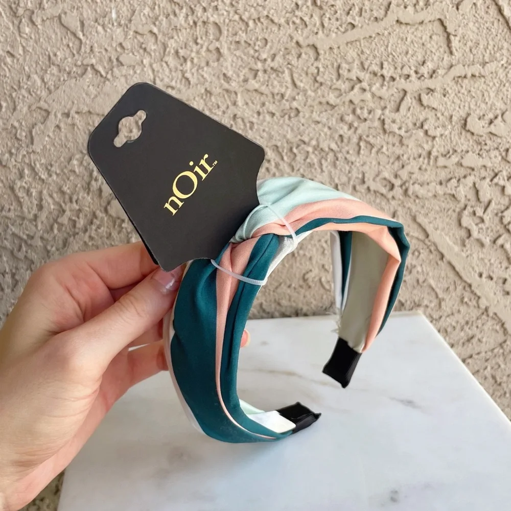 NOIR NWT Teal, Turquoise Green, Aqua & Peach Striped Satin Twist Knot Headband - Picture 2 of 6